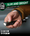 Person holding 1200SL-R Flat Rechargeable LED Flashlight for EDC and Tac Use
