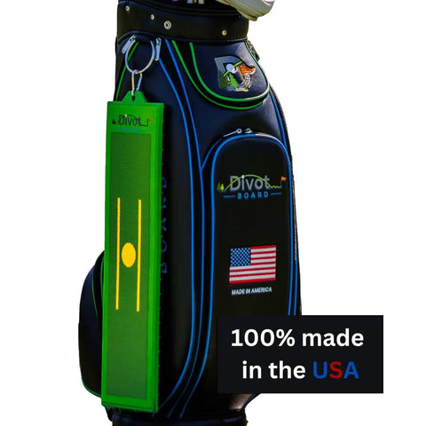 Golf Swing Path Trainer With Instant Feedback Anywhere See Your Swing Path And Strike Quality Learn Low Point Consistency And Centered Strikes On Every Shot Improve Ball Flight And Timing In Real Time attached to golf bag, made in USA label visible