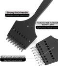 Close-up of black leather stitching punch set with pricking irons, highlighting strong thick handle and martensitic stainless steel.