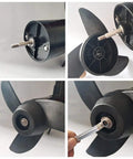 Three Blade Prop For Electric Trolling Motors Fit 55Lb 62Lb 86Lb Outboard Trolling Motors Weedless Design For Shallow Water Speed And Efficiency Includes Prop Nut And Pin High Strength Nylon Three Point Five Inch Hub displayed in four assembly steps.