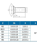 These Badass Aluminum Countersunk Solid Rivets Deliver Slick Flush Finish And Heavy Duty Performance Perfect For Top Notch Workshop Or Industrial Jobs In M2 Through M8 Sizes Packed Twenty Pieces, detailed dimensional chart.
