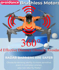 Red and orange 360 Degree Obstacle Avoidance GPS Drone With 4K Camera for Grownups in flight, displaying obstacle sensors.