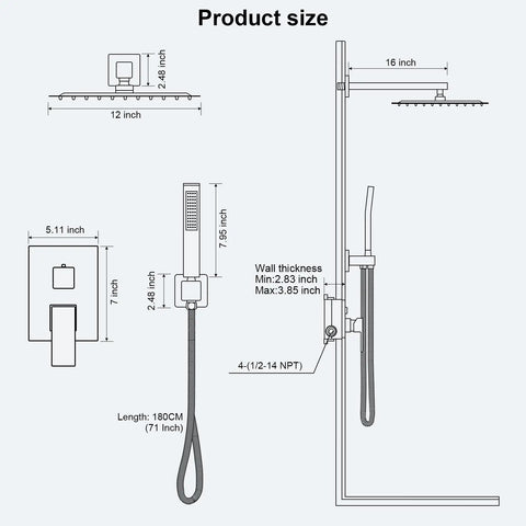 Product size diagram for Top Shelf Matte Black Rain Shower Set With Heavy Duty Solid Brass Mixing Valve And 10 Inch Round Head.