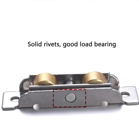 Heavy Duty Sliding Door Rollers 88 Type Double Groove Pulley showing stainless steel roller with brass wheels and solid rivets.