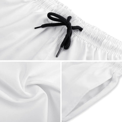 Close-up of white Dragon Boat Viking Themed Mens Board Shorts with drawstring waist, quick-dry fabric, and breathable mesh lining.