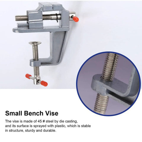 Rock Solid Mini Bench Vise, Clamp On Table Workstation Setup, heavy duty small bench vise with 45 steel jaws and red grips.