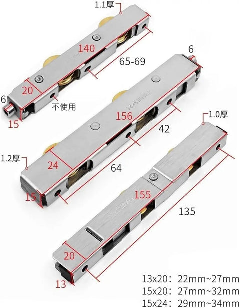 Premium Heavy Duty Sliding Door Rollers And Window Pulleys With Smooth Copper Bearing Wheels For Glass Aluminum Bathroom Shower Tracks That Glide Like Butter Replaces Worn Out Fittings Easily With Zero Friction Nonsense, showing dimensions and stainless steel design.