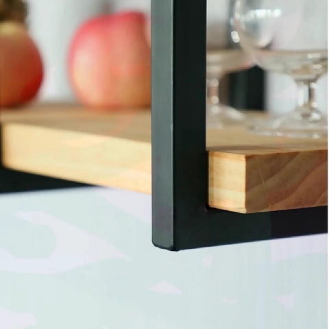 Heavy Duty Ceiling Mount Shelf Bracket With Rock Solid Metal U Shape Design And Included Hardware For Ultimate Kitchen And Garage Storage Solutions That Are Built Tough, showing black metal frame and wooden shelf detail.