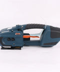 Side view of Electric Strapping Machine For Plastic And Steel Banding, Heavy Duty Workhorse JDC13/16 Compatible, blue alloy body