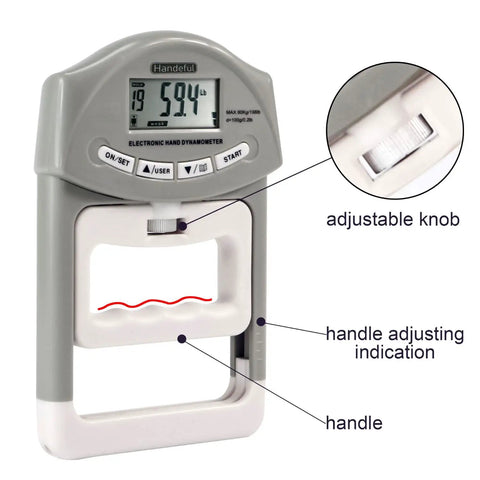Digital Grip Strength Tester With 198 Lb Capacity Hand Dynamometer high precision strain gauge, showing adjustable knob and grip handle.