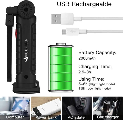 Rechargeable LED Work Light With Magnetic Base showing battery capacity and charging options, USB cable included