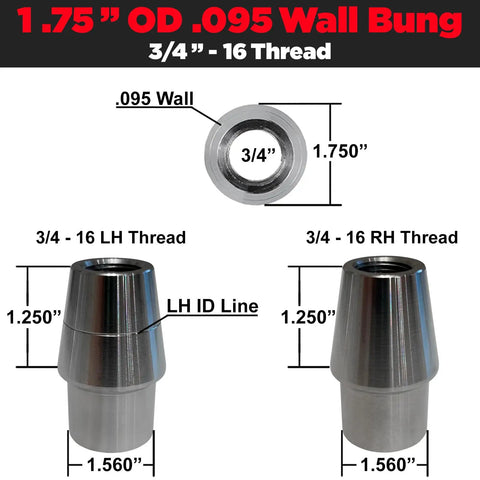 Image of 1.75" OD .095 Wall Bung with 3/4" - 16 threads, includes LH and RH threads for off-road applications.
