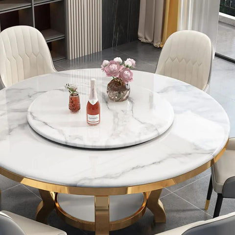 Kickback Ready Round Marble Dining Table Built For Epic Weekend Hangouts Featuring A Smooth White Spinning Lazy Susan And Bold Gold Stainless Steel Base Stretching Fifty Nine Inches Wide with a rotating lazy Susan.