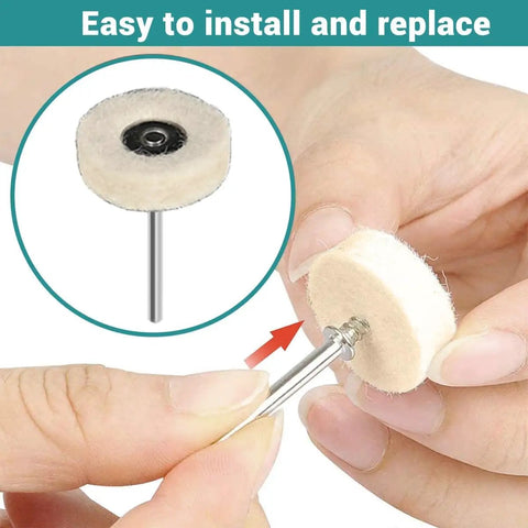 Straight Up Heavy Duty Buffing Wheel Polishing Kit Packs Felt Wool Pads being installed on a 1/8-inch shank rotary tool.