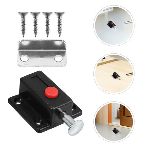 Eight Piece Spring Loaded Push Latches For Cabinet Doors And Furniture Drawers Surface Mounted Solid Build Heavy Duty ABS Zinc Alloy Hardware 3.6mm Bore 25mm Hole Spacing Effortless Access shown with screws and applications