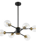 Six Light Sputnik Chandelier Pendant Light with 4.7 inch glass globe shades, modern black ceiling fixture, adjustable height.