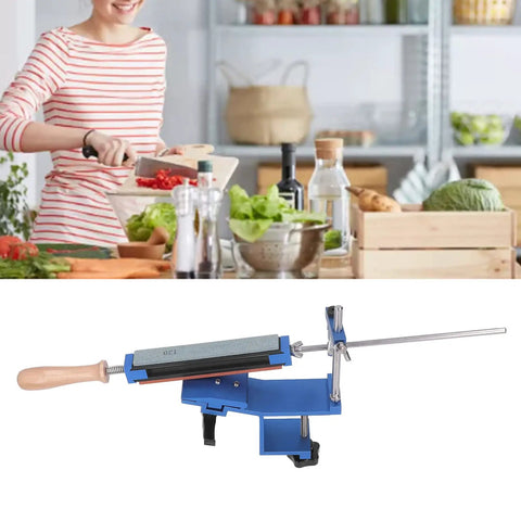 10 Whetstone Knife Sharpener With Slick 360 Degree Flip Design and Secure 15 Degree Fixed Angle Stainless Steel Chef Sharpening Kit For Abrasive System displayed in a modern kitchen setting with fresh veggies.