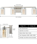 4 Light Brushed Nickel Vanity Light With 3 Color Modes 3000K 4000K 6500K Dimmable LED Bathroom Fixture diagram and dimensions