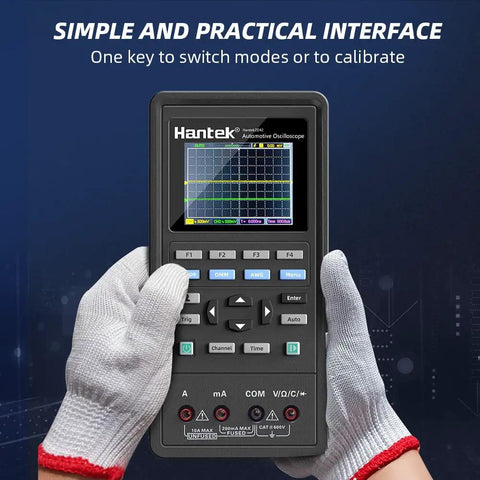Hands holding Portable 2 Channel 70MHz Oscilloscope With Built In Waveform Generator And Multimeter, screen displaying graph.