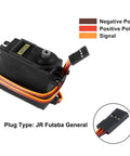 Close-up of Two Pack MG995 Servo Motors With 180 Degree Metal Gear High Torque Digital Servo For RC with labeled wire connections.