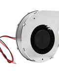 Beefy 12V Brushless Blower Fan Delivers 62.49 CFM At 5500 RPM With Dual Ball Bearings, side view of metal casing, red and black wires