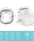 Toddler Potty Training Seat And Step Stool Two In One Frame With Anti Slip Base Curved Support Backrest Splash Guard dimensions showing ergonomic design.