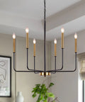 Six Light Farmhouse Chandelier With Adjustable Height Black And Gold Iron Pendant Lighting For Dining Room Kitchen Island