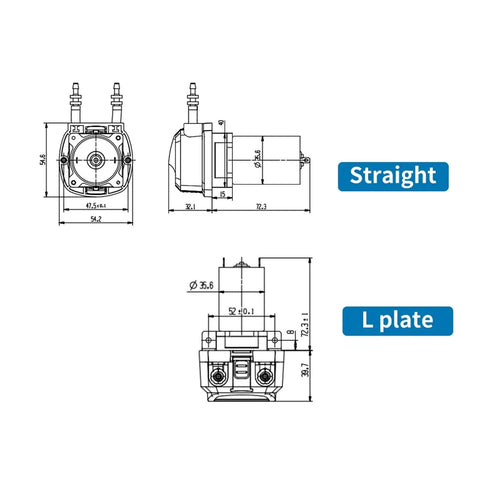 Khs2 Adjustable Peristaltic Dosing Pump dimensions diagram showing straight and L plate views with detailed measurements.