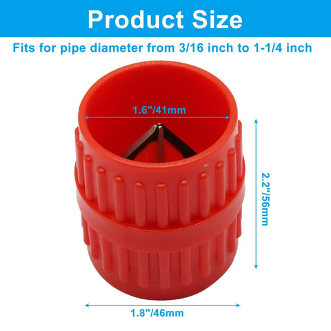 Two Piece Pipe Deburring Tool Set With Dual End Chamfer Reamer fits pipe diameters 3/16 to 1-1/4 inch, red handle view