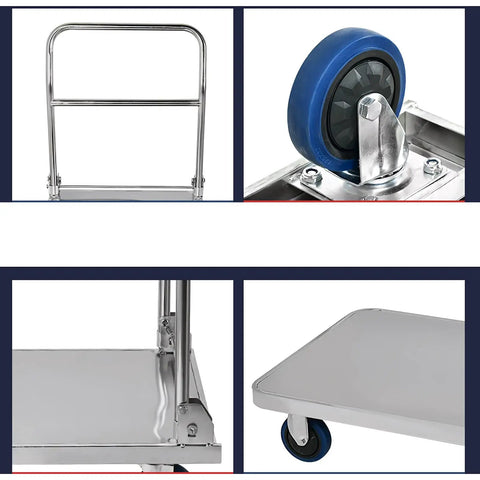 The Ultimate Stainless Steel Foldable Push Cart Platform Truck for No Stress Tool Haulin with sturdy handle and durable wheel.