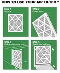 Installation guide for 20x20x1 MERV 8 Pleated HVAC Filter, showing unpacking and insertion into furnace and AC slots.