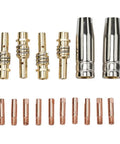 Premium 15AK TIG Welding Nozzle And Collet Set For MIG Torch With High Conductivity Copper Tips, 16 piece kit with brass and copper parts.