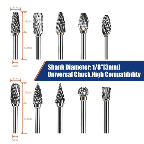 10-piece carbide burr set for Dremel rotary, 1/8 inch shank, universal chuck, high compatibility