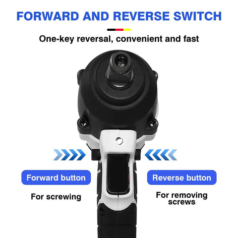 Forward and reverse switch on 21V Cordless Impact Wrench With Brushless Motor for easy screw driving and removal.
