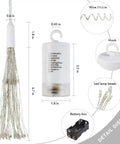 Lit 4 Pack Firework LED Copper Wire Star String Lights battery box, wire, LED beads, and hook detail shown in diagram