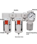 Three Eighth Inch NPT Air Drying System With Dual Five Micron Brass Filters And Regulator, Semi Auto Drain, Poly Bowl, shown with gauges.
