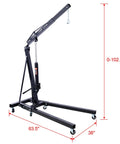 Built Like A Tank Two Ton Foldable Engine Hoist With Smooth Hydraulic Lift And Heavy Duty Steel Frame with measurements and swivel wheels.