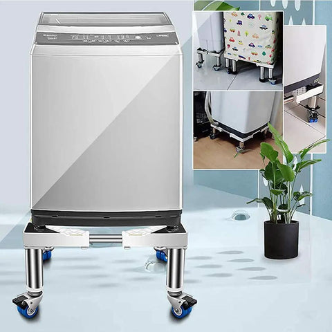 Adjustable Washing Machine Stand With Easy Roll Locking Casters And Telescopic Base For Heavy Dryers And Fridges No Sweat Floor Cleaning Grey household platform rack under a washing machine.