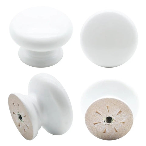 Solid White Wooden Cabinet Knobs For Furniture And Kitchen Upgrades Smooth Round Mushroom Drawer Pulls from various angles.
