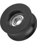 Heavy Duty 4 Pack U Groove Pulley Set With Guide Wheels showing a close-up of a black pulley wheel with metal bearings for sliding door tracks.