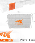 Transparent end view of Durable Plastic Tackle Box Set With Removable Dividers For Easy Gear Organization, dimensions shown.