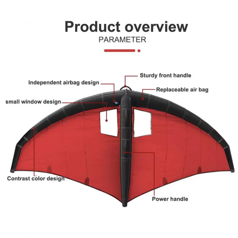 Product overview of Inflatable Surf Wing with pump for paddle board and hydrofoil, red wing with TPU coated fabric and easy inflate valve.