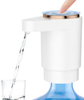 Portable Electric Water Dispenser Pump for 5 Gallon Bottles with USB Charging, shown dispensing water into a glass from a blue bottle.