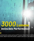 P23i Long Range Flashlight With 3000 Lumens 470 Meter Throw Rechargeable ISeries High Performance Dual Tail Switch Multi Mode Strobe Black Beast Mode Ready For Tough Night Ops And Outdoor Adventures glowing in dark hallway with 3000 lumens text.