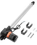 12V linear actuator, 16-inch stroke with mounting brackets and hardware; grey aluminum rod, black motor (VEVOR)