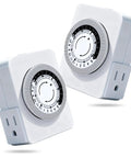 24 Hour Mechanical Outlet Timer With Dual Grounded Receptacles For Indoor Use Hassle Free Daily On Off Schedule Set It And Forget It Heavy Duty 3 Prong Plug In Light Controller For Holiday Strings Lamps 2 Pack in white with dial.