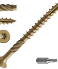 Size Ten Deck Screws 2 And 1 Quarter Inch Exterior Wood Screws, T25 Star Bit, bronze finish, close-up view of serrated threads