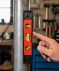 Spirit Level, New Yellow Level 23CM mounted on metal pole, with bright vials and hand adjusting positioning.