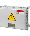 Outdoor waterproof explosion-proof electrical box with hinged cover and mounting panel for industrial use, showing warning icons.