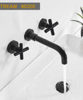 Two Handle Wall Mount Bathroom Faucet With Stream And Spray 8 Inch Center 360 Degree Rotating Spout Matte Black Brass Finish Rough In Valve For Sink Vanity Tub Or RV Bath Remodel Easy Clean Up showing stream mode filling sink